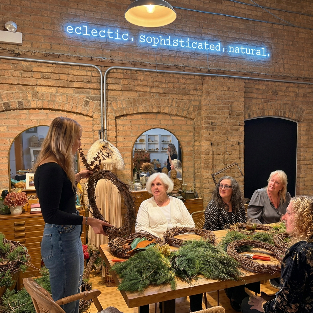 A woman demonstrates how to make a grapevine wreath while a group of women watch and learn in a rustic workshop with exposed brick walls and a glowing neon sign that reads 'eclectic, sophisticated, natural.'.