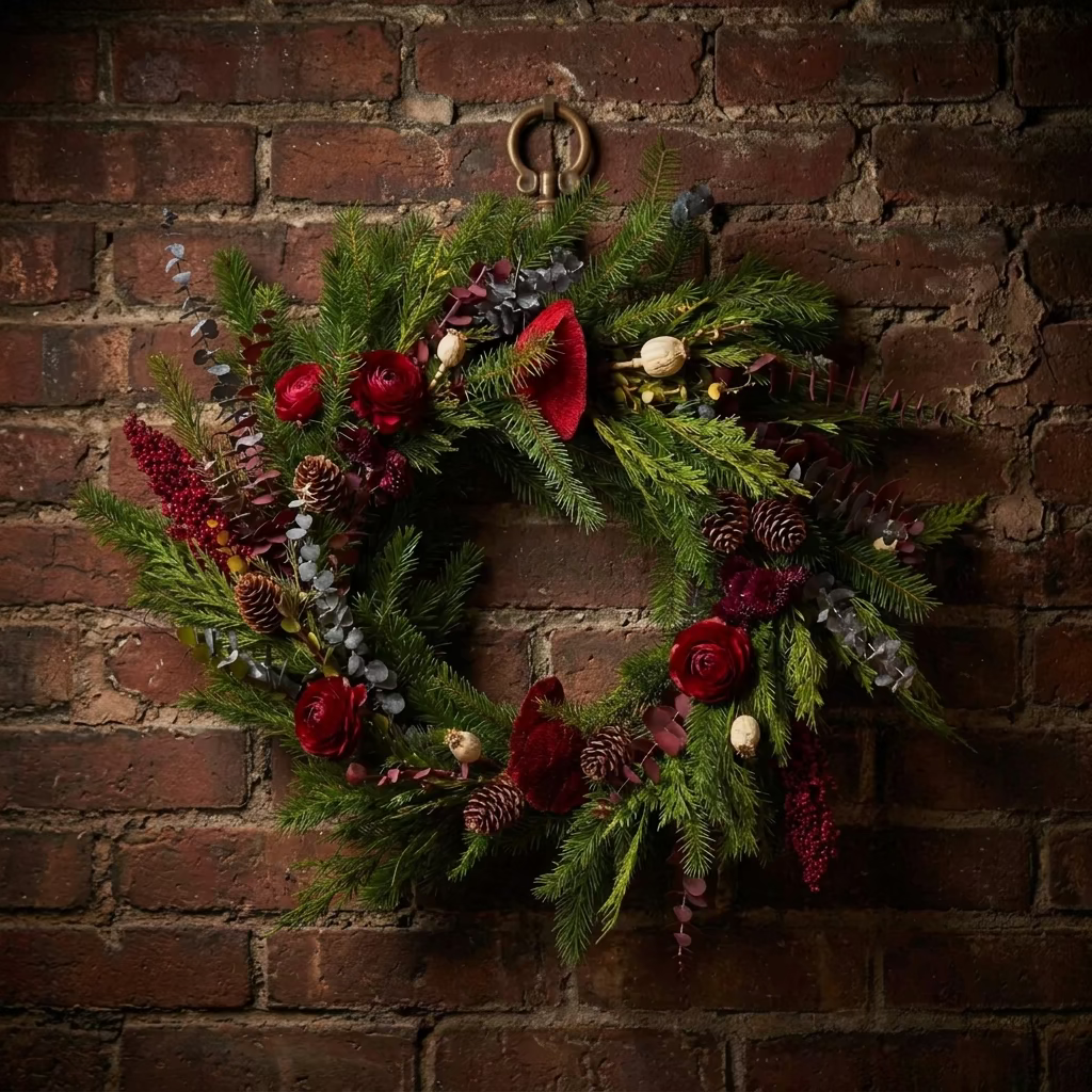 A rustic holiday wreath made of green pine branches with dark red berry clusters, small beige pinecones, and blue-gray eucalyptus stems, placed on a polished wooden floor against a white wall.