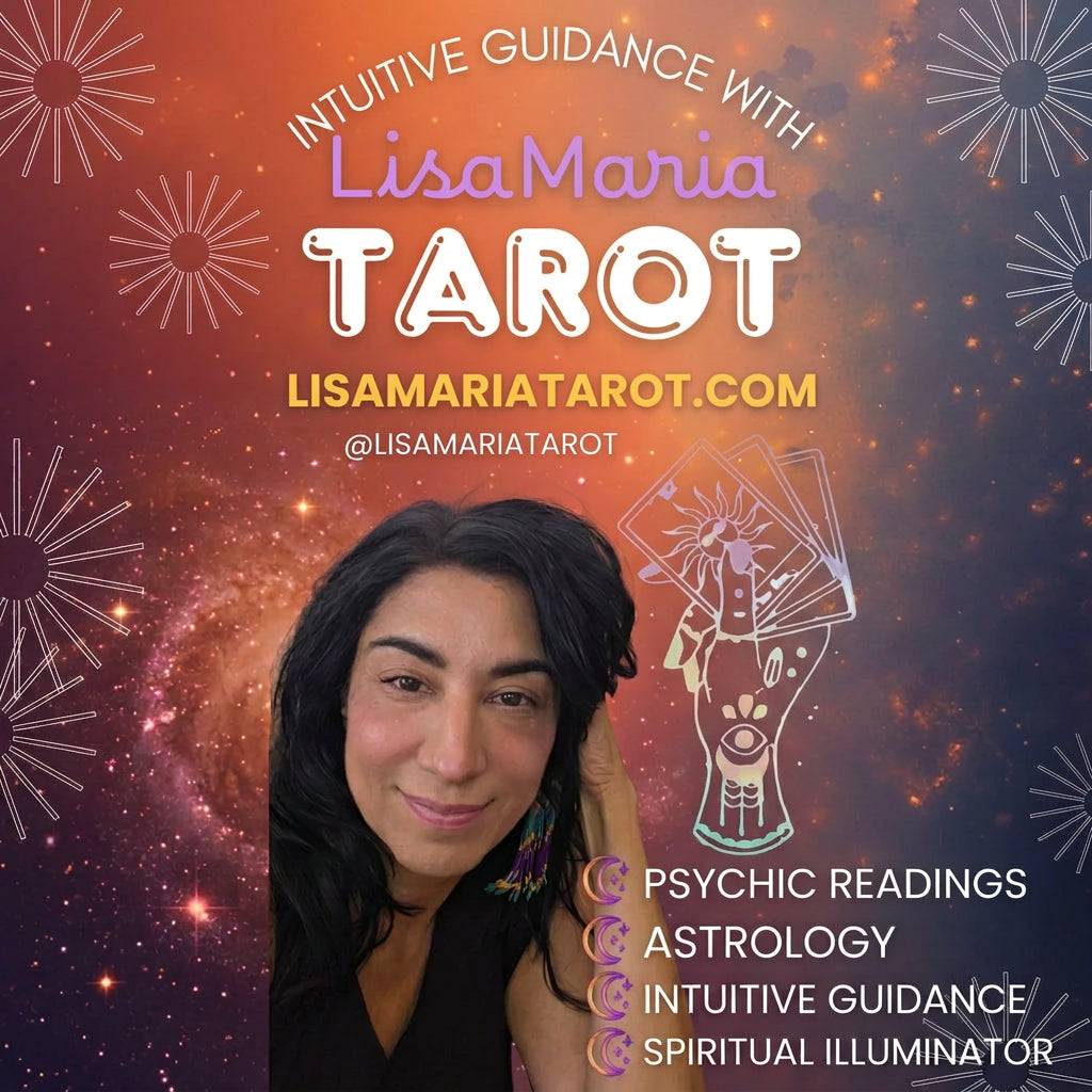 Promotional graphic for Lisa Maria Tarot, featuring a portrait of a woman on the lower left, tarot card illustrations, and text advertising psychic readings, astrology, intuitive guidance, and spiritual illumination.