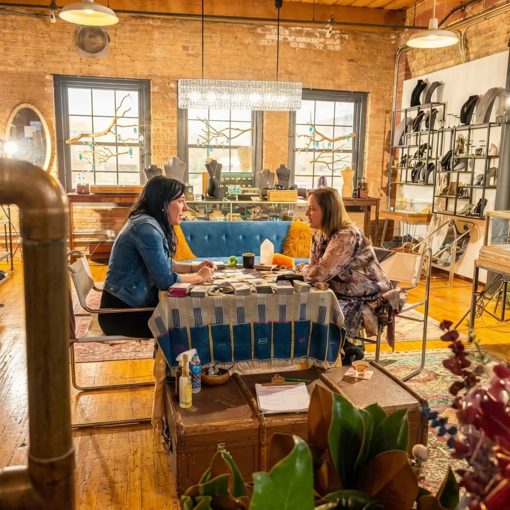 A cozy, rustic indoor cafe or workshop scene with two people seated at a table in the middle of the room, surrounded by shelves of shoes, a blue sofa, brick walls, and warm wood floors.