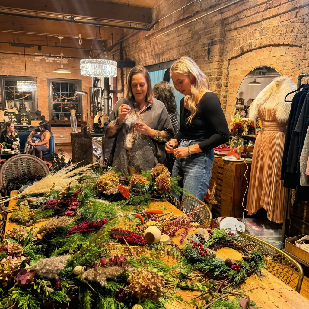 Two women standing at a wooden table covered with floral arrangements and greenery inside a rustic brick workshop or studio.